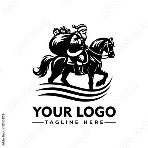 Santa Claus riding a horse carrying a sack full of gifts, black and white cartoon vector illustration

