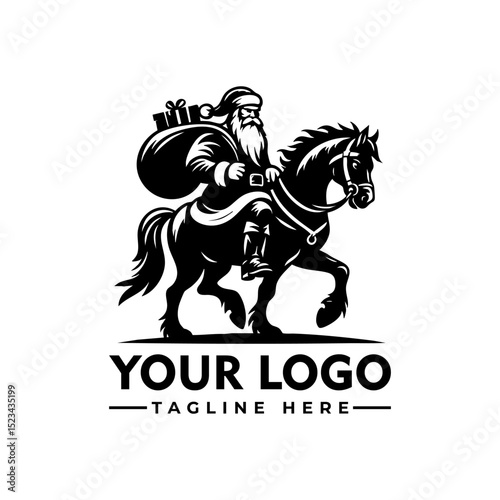Santa Claus riding a horse carrying a sack full of gifts, black and white cartoon vector illustration
