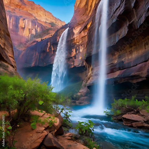 Hidden canyon with waterfalls made of liquid light, rainbow mist filling the air and luminescent butterflies flying through


