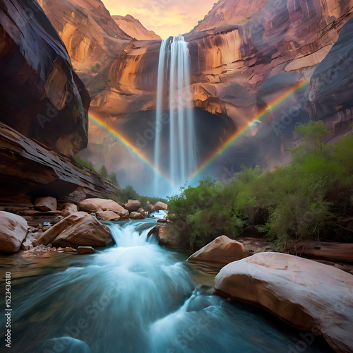Hidden canyon with waterfalls made of liquid light, rainbow mist filling the air and luminescent butterflies flying through


