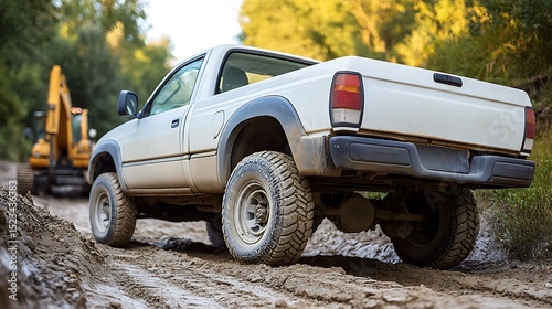 Wallpaper Mural Off-Road Adventure: A White Pickup Truck Navigating a Muddy Trail with an Excavator Torontodigital.ca