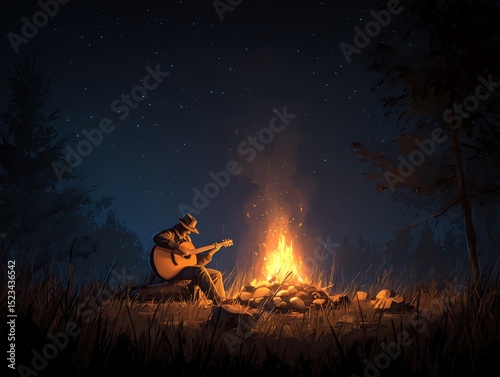 Man playing guitar campfire at night