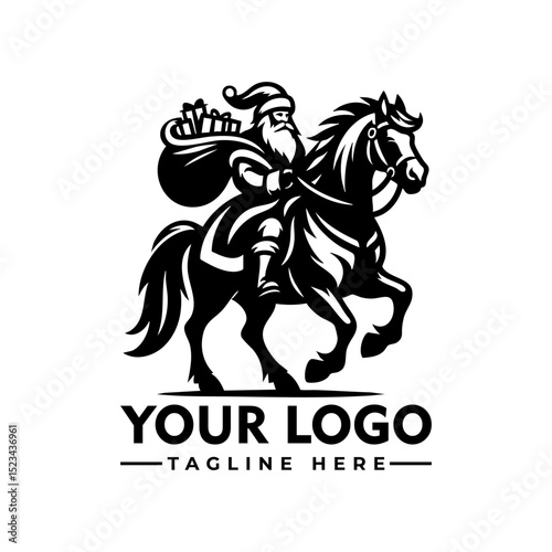 Santa Claus riding a horse carrying a sack full of gifts, black and white cartoon vector illustration
