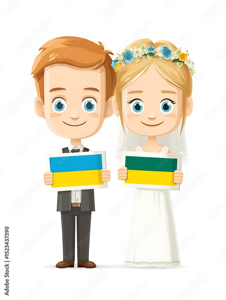 Couple holding Ukrainian flags, wedding Couple holding Ukrainian flags, wedding