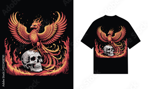 Fiery phoenix rising from skull flames t-shirt design