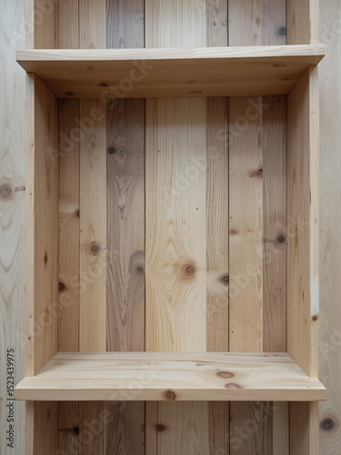 Wood plank shelf, warm tones, smooth surface, vertical paneling.  Natural wood grain, light and dark brown hues, seamless texture