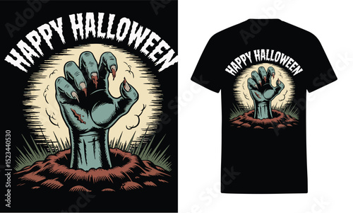 Happy halloween zombie hand rising from grave tshirt design