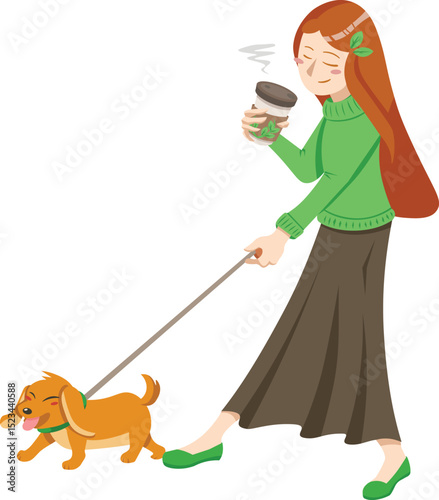 vector character illustration cute girl walking her dog with hot tea in green sweater