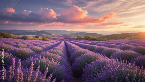 Lavender field at sunset with purple flowers and pink clouds in the sky over rolling hills landscape