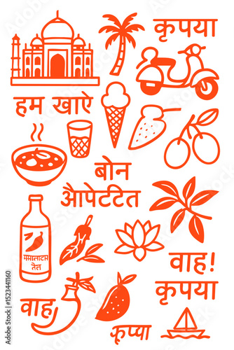 Popular Indian Menu for Restaurant Cafe on Board  Cuisine Icons Symbols Illustrated