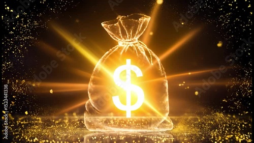 Golden particles sparkle and glow against black void swirling upward, magnetizing into giant cash bag glowing with bright dollar light, wealth, and finance energy