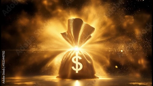 Swarming golden particles gather in black space forming glowing bright bundle of cash with gleaming dollar sign, symbolizing money and cash in dynamic financial scene