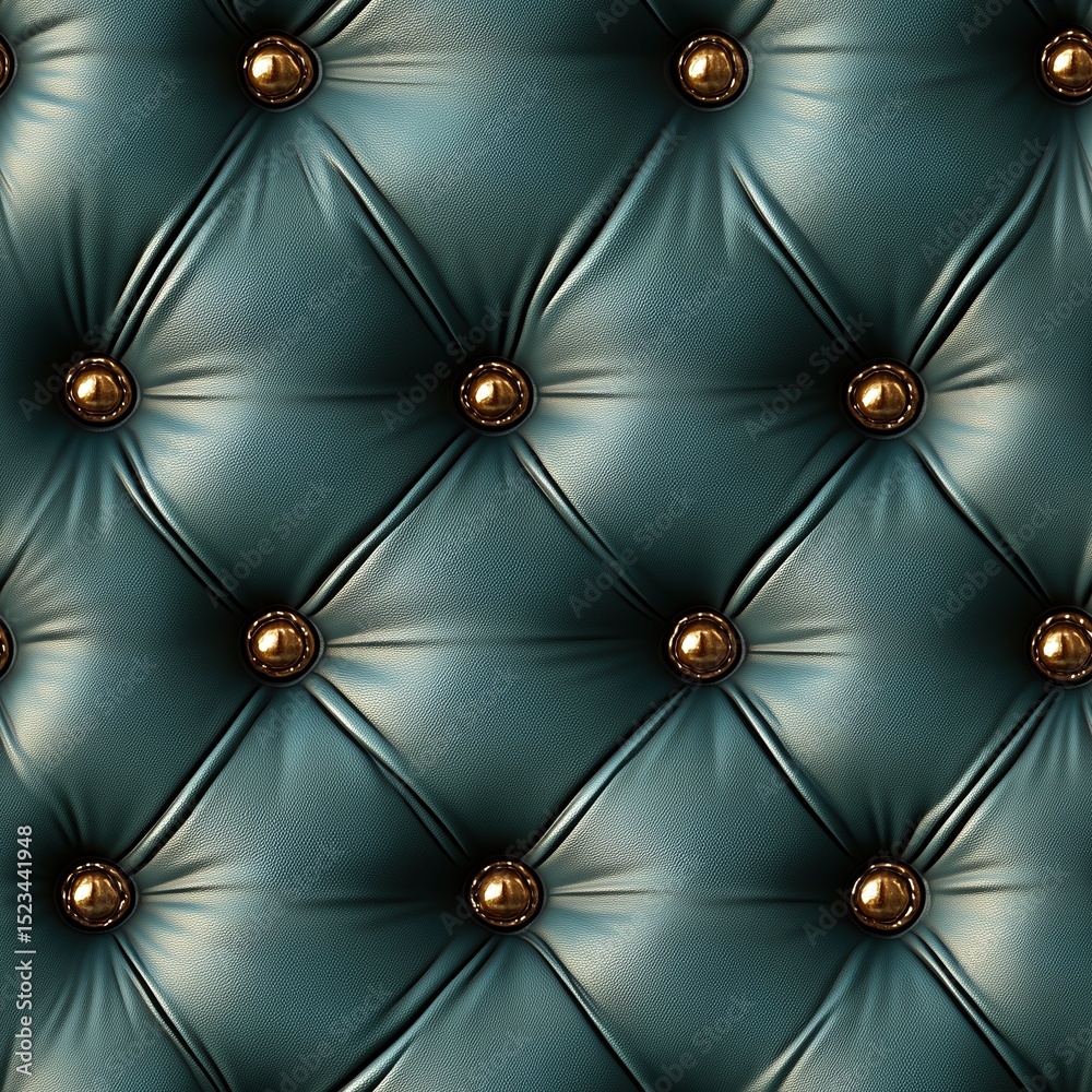 Fototapeta premium Seamless, vibrant turquoise leather capitone upholstery with deep button tufting and shimmering golden buttons, creating a striking and opulent texture ideal for rich backgrounds and luxury design