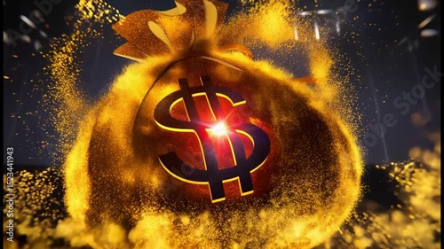Glowing golden money bag with vibrant dollar sign and sparkling particles symbolizing wealth, prosperity, financial success, and magical financial growth in dark dramatic setting