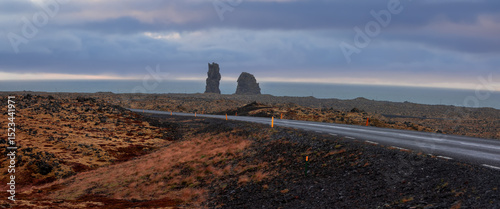 Volcanic tundra landscape Scenic road through Snaefellsjokull national park in Iceland.Panoramic view.