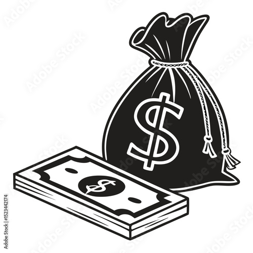 Money bag and stack of cash wealth finance success