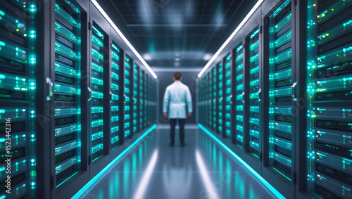 Man in lab coat standing in a server room with rows of illuminated data storage racks and bright lights