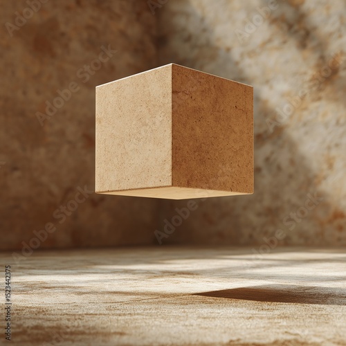 3D Abstract Cube Rendering. Modern Minimalism in Geometric Design with Wood Textures