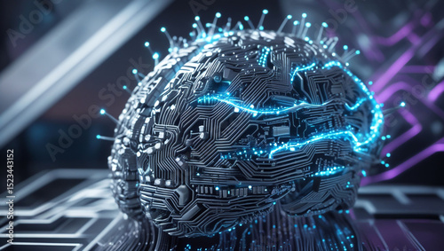 Artificial intelligence brain with glowing connections and intricate circuit board design view