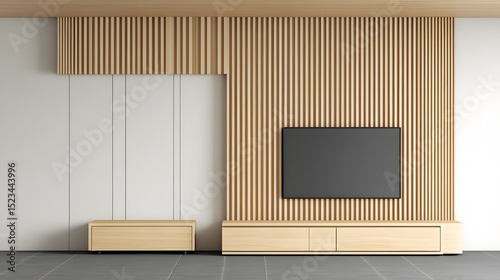 Wooden wall unit with television and cabinetry in a modern interior.