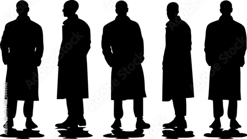 "A lineup of five silhouetted men in overcoats and dress shoes, equally spaced on a white background. They stand motionless with hands in their coat pockets, facing straight ahead, with bold shadows m
