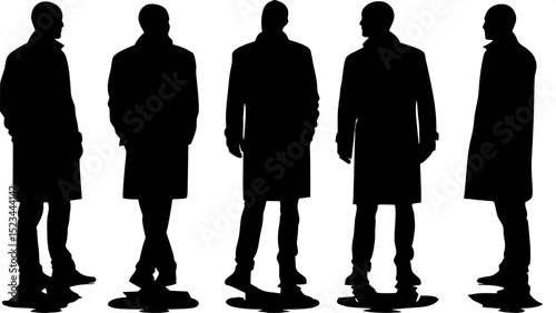 "A lineup of five silhouetted men in overcoats and dress shoes, equally spaced on a white background. They stand motionless with hands in their coat pockets, facing straight ahead, with bold shadows m
