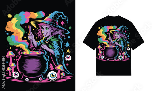 Rainbow witch brewing psychedelic potion halloween t-shirt design