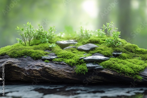 Mossy Stone Landscape. Close-up of Lush Green Forest Flora Showing Detailed Microecosystem in a Serene Natural Environment