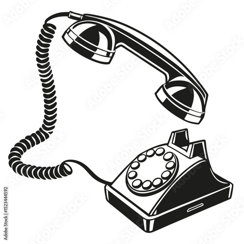 Vintage rotary phone illustration black and white retro communication device