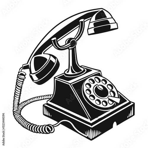 Vintage rotary phone black and white illustration retro communication device