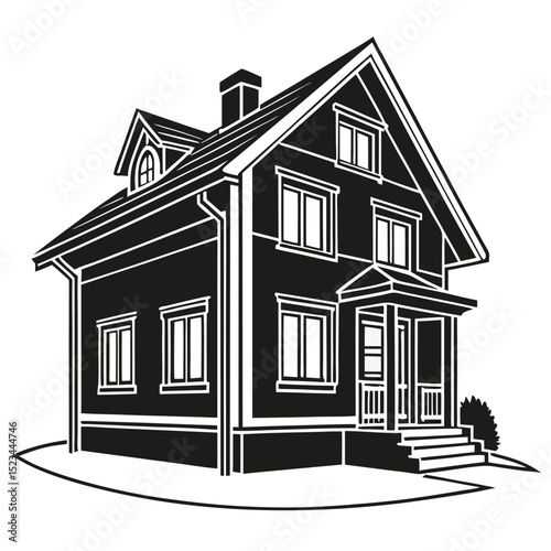 Suburban house black and white illustration home design real estate