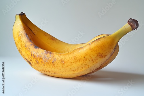 Closeup Still Life of a Yellow Cavendish Banana Showing Spots and Blemishes on White Background