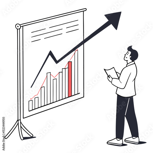 Businessman reviewing upward trending graph on presentation board