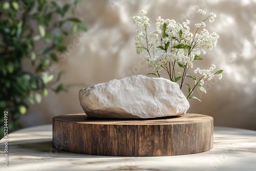 Nature-Inspired Wooden Table Centerpiece with White Flowers and Rocks. A Minimalist Elegance in Home Decor