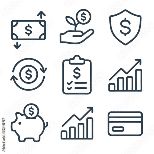 Money icons for financerelated designs. Suitable for financial websites, presentations, apps, and marketing materials to convey moneyrelated themes effectively.