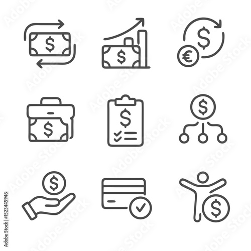 Money nine icons representing different aspects of finance.