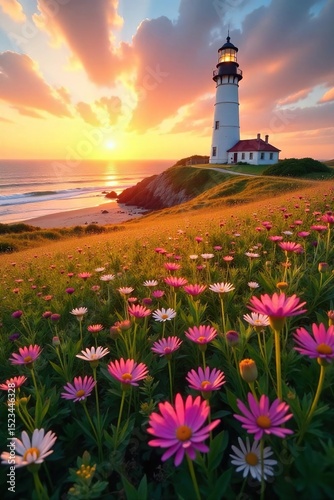 Serene coastal meadow with a majestic lighthouse standing tall in the distance, bathed in the golden light of sunset  Wildflowers bloom, creating a picturesque landscape ,  sunset,  day,  untouched