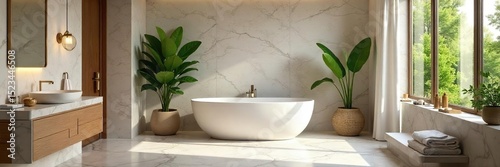 Luxurious bathroom with freestanding bathtub, elegant marble, soft lighting, and lush greenery creating a serene spa-like atmosphere Perfect for relaxation and self-care , light, shampoo, marble