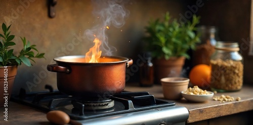 A rustic kitchen scene featuring a simmering pot of fragrant candle wax on a stovetop, surrounded by jars of essential oils and dried herbs, ready for candle making , natural, candle fragrance oil