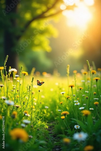 Golden hour sunlight bathes a lush green meadow, wildflowers in bloom, butterflies flitting amongst tall grasses, a tranquil summer scene , butterflies, flora and fauna, meadow