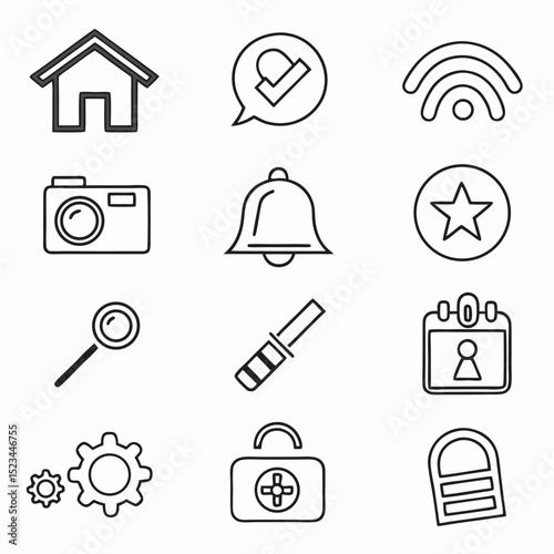 Simple line icons set home wifi camera bell star magnifier tool calendar gear lock door