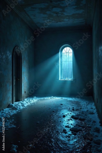 An empty, dimly lit room, cold and stark, radiating a palpable sense of isolation and chill; a visual representation of emotional coldness and wintery solitude , floorboards, forgotten