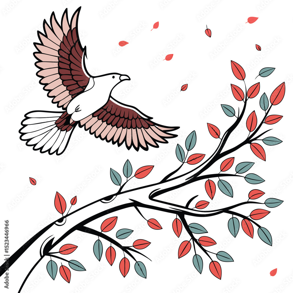 Obraz premium Bird in flight above autumn branch colorful illustration