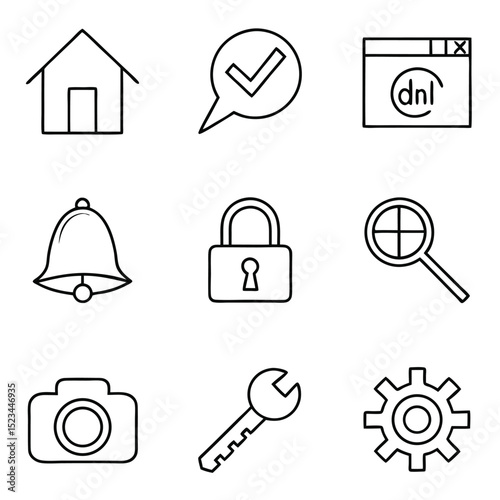 Simple line icons set home security website camera key gear