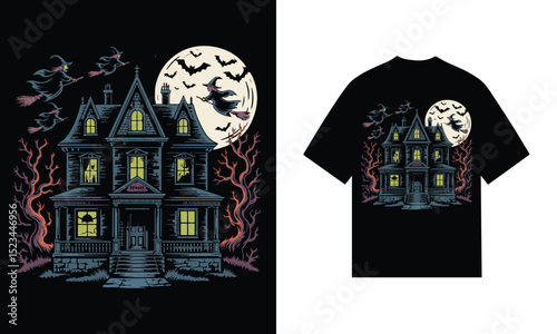 Spooky halloween haunted house witch bats moon