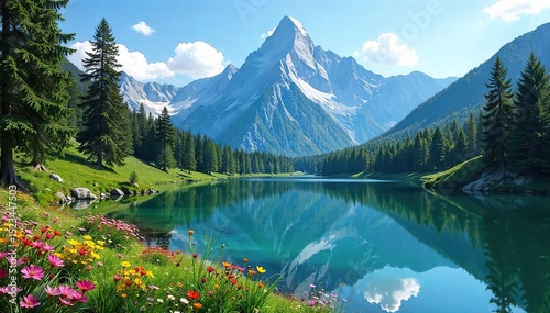 Serene mountain lake reflecting a clear blue sky, surrounded by lush green trees and wildflowers Perfect for nature, travel, and serenity themes , picturesque, ecology