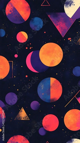 Colorful Abstract Background Circles, Triangles, and Dots Against a Deep Space Backdrop with a Textured Effect
