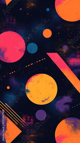 Colorful Abstract Galaxy with Spheres, Triangles, and Rectangles in SpaceThemed Background