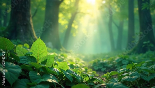 Ethereal mist clings to vibrant green leaves, creating a mystical and serene atmosphere in a lush forest Sunlight filters through the vapor, illuminating the dew-kissed foliage , spring, refreshing