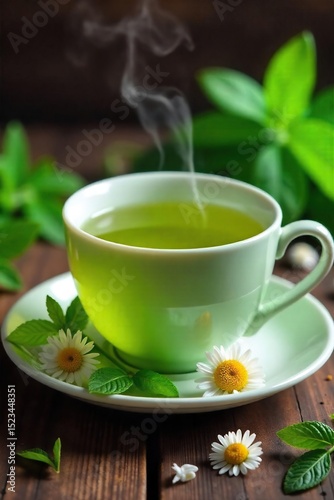 Steaming cup of vibrant green herbal tea, surrounded by fresh mint leaves and chamomile flowers, on rustic wooden surface Perfect for health, wellness, and relaxation themes , remedy, nature